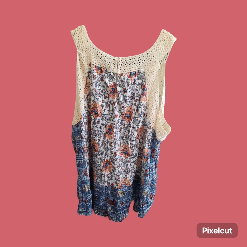 Cato Fashion Loose Fit Blue and White with Floral Tank Top with Crochet Trim. - Picture 12 of 12